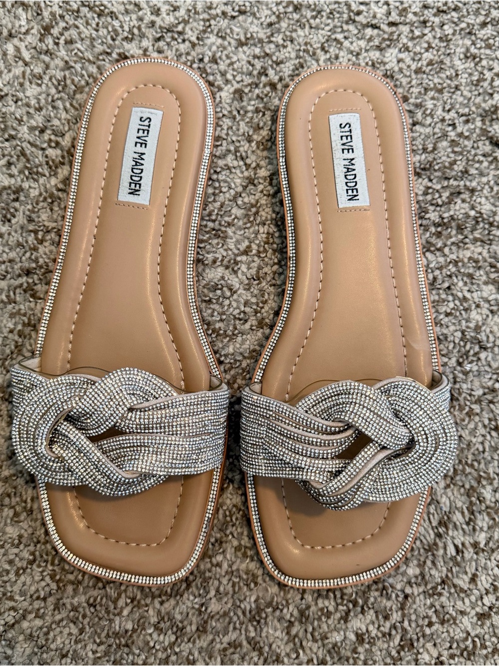 Steve Madden Silver Rhinestone Knot Slide Sandals
